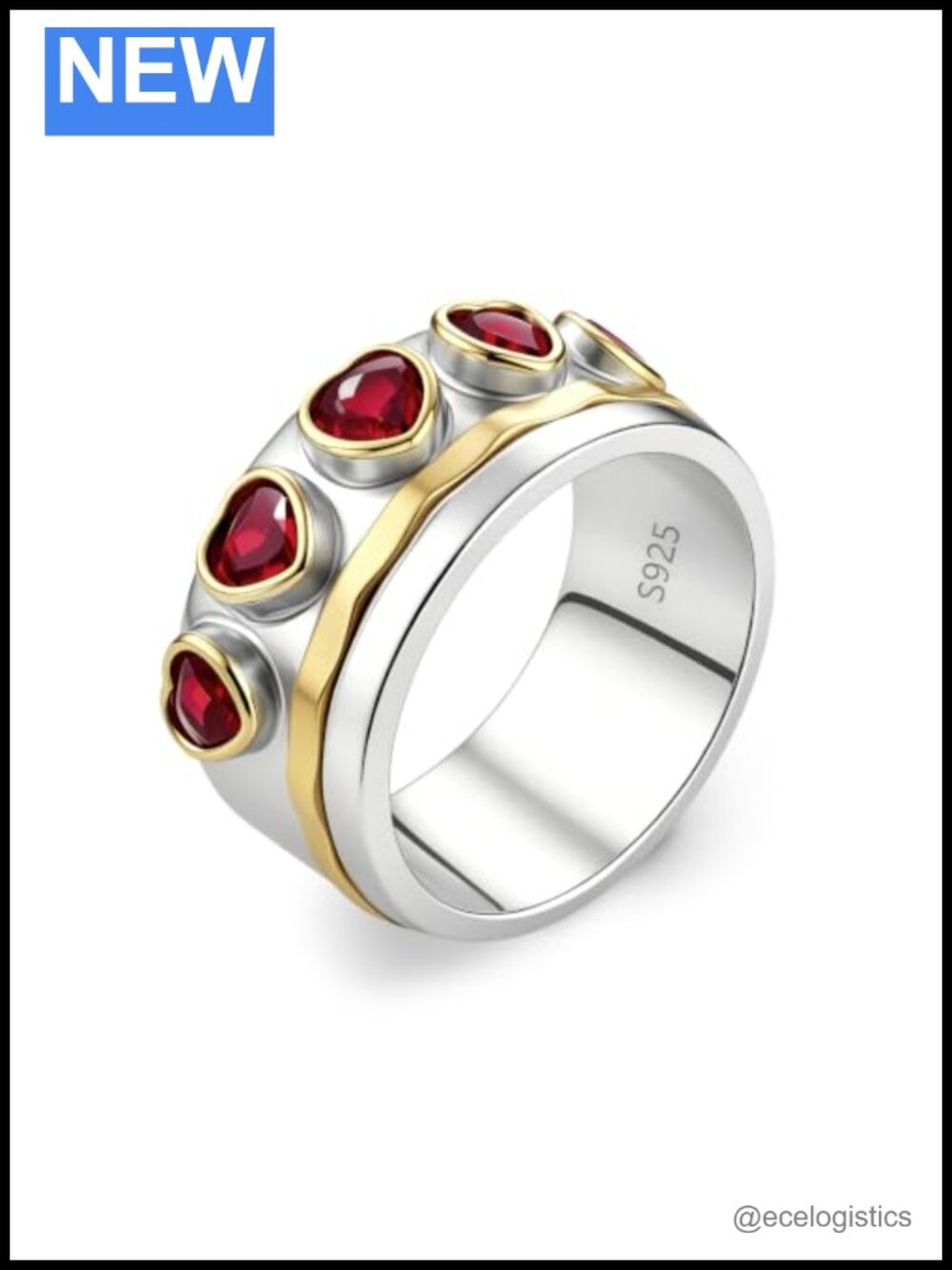 S925 Sterling Silver Heart Red Cabochon Band Ring Vintage Stackable
